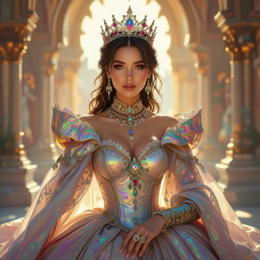 Hyperrealistic Princess in Ornate Attire in Lavish Castle