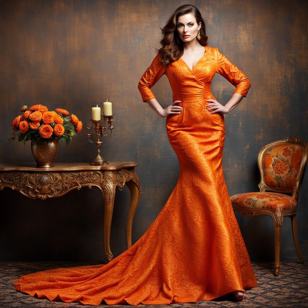 Brunette in Orange Brocade Dress Portrait
