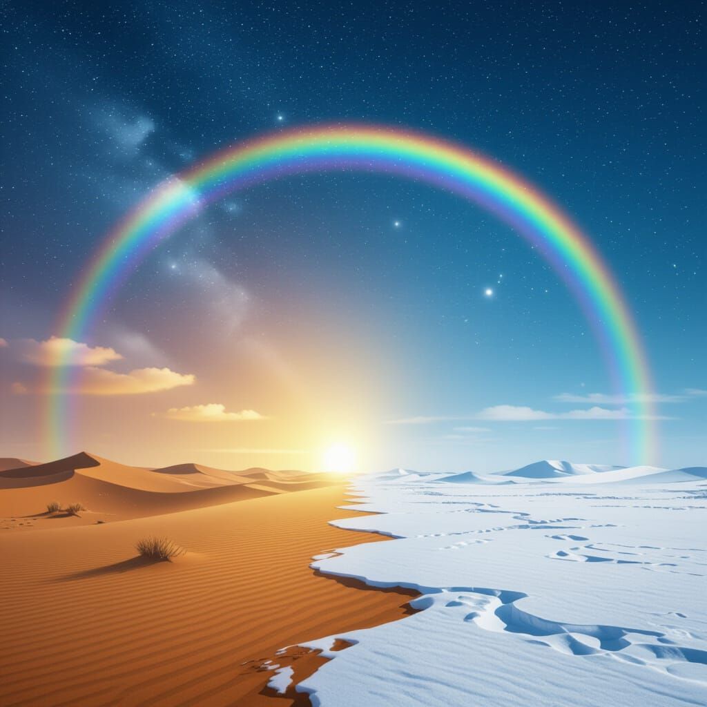 Poetic Desert and Snow Sky with Rainbow