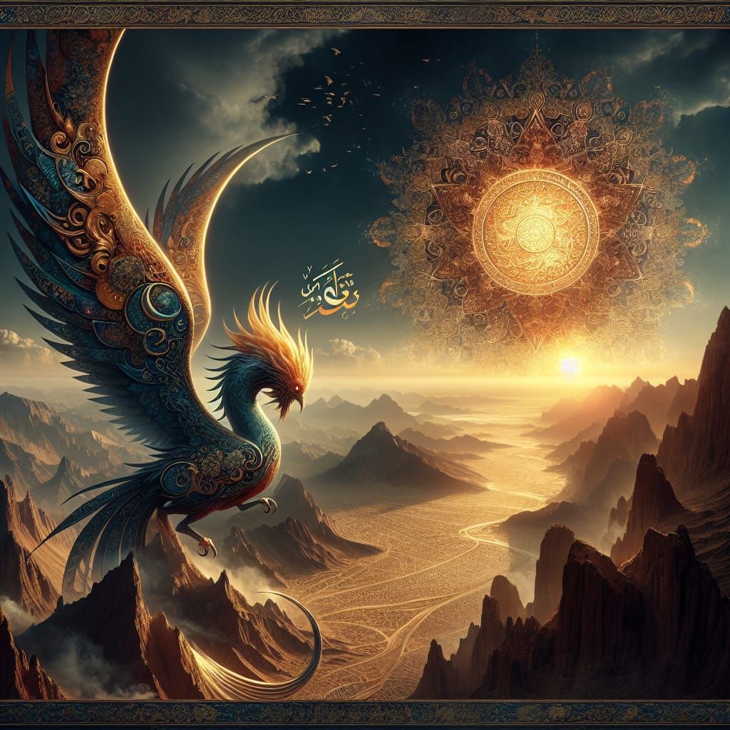 A djinn and a large rukh bird in the desert of Persia  with ...