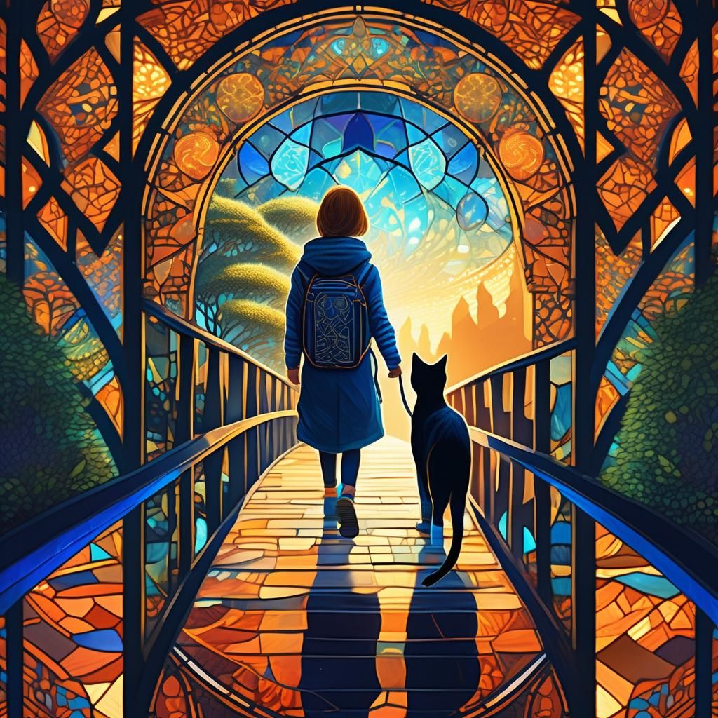 Kitten and Human Companion in Stained Glass Style