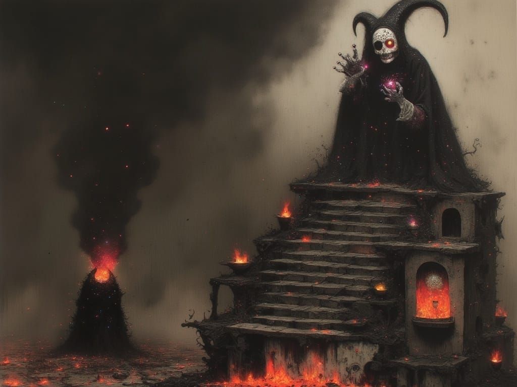 Twisted Jester Reigns Amidst Burning Escher-like Ruins