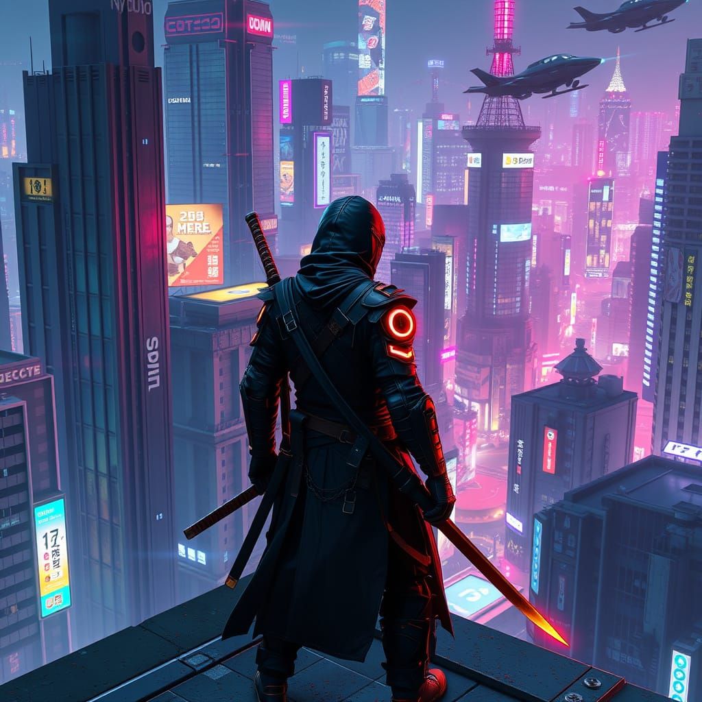 Cyberpunk Ninja Gazing Over Neon Tokyo