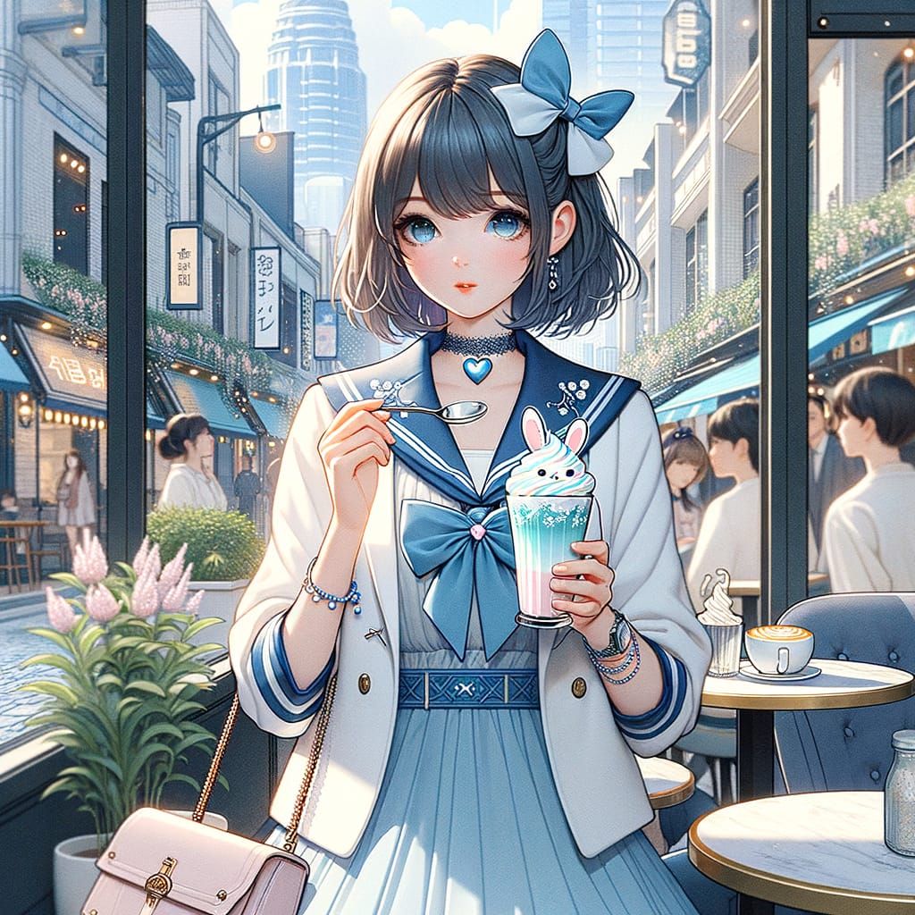 Modern Sailor Moon-Inspired Girl Sips Latte in Tokyo Cafe
