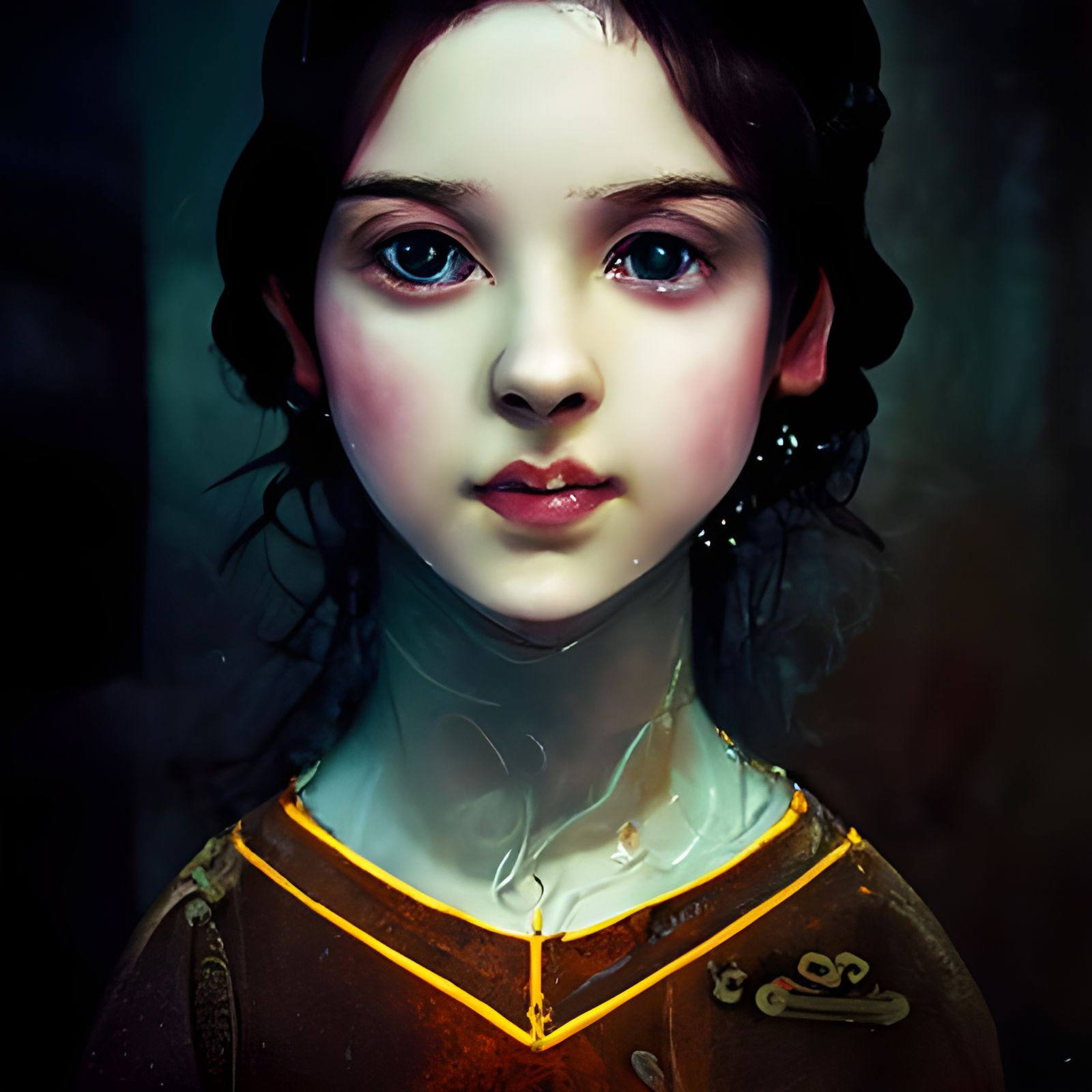 a beautiful painting of a young Victorian girl with pale skin and dark hair looking straight