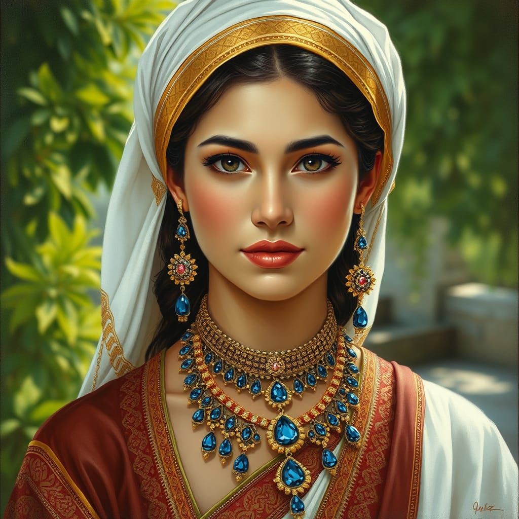Woman in Traditional Dress with Gold Accents