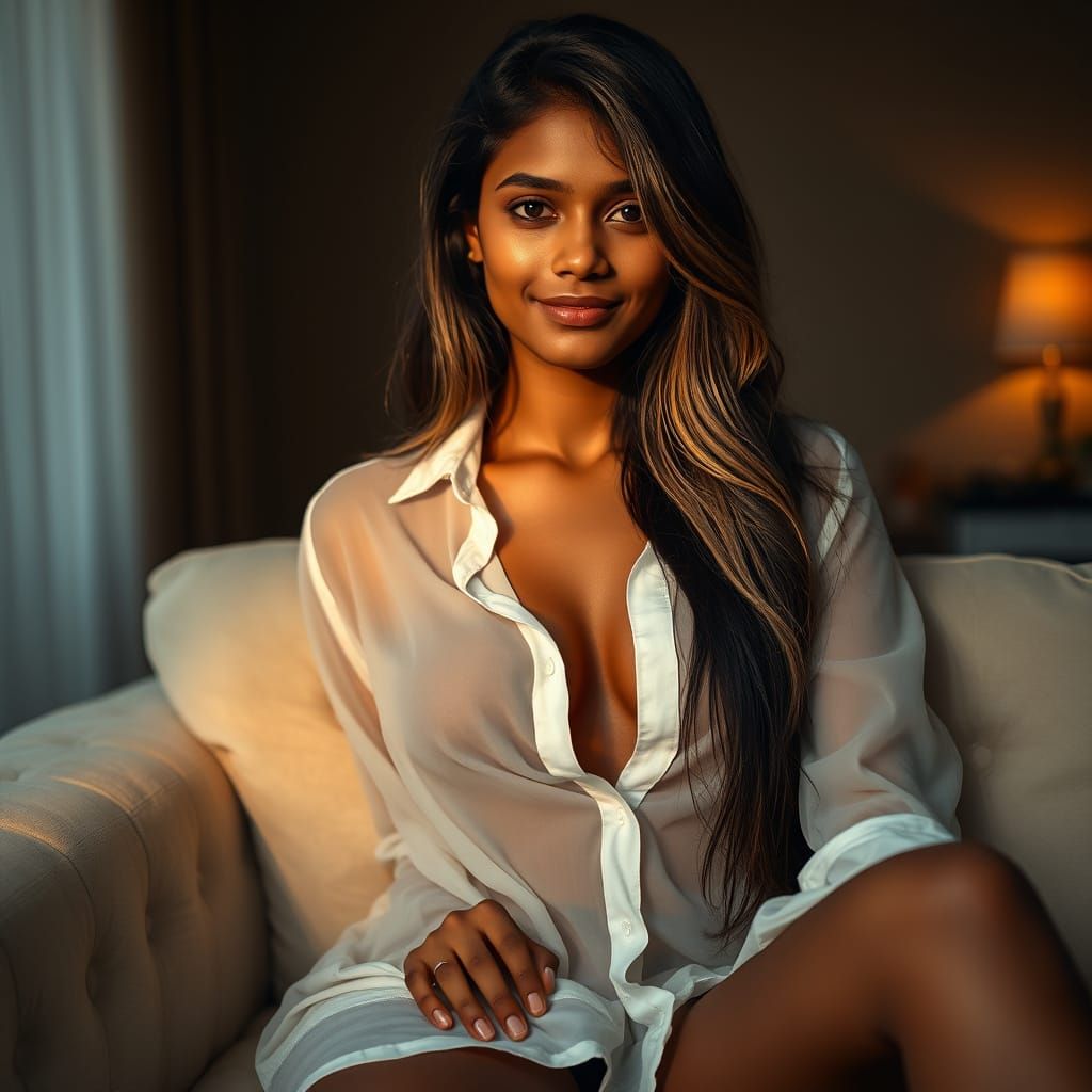 Golden Hour Portrait of Woman on Cream Sofa