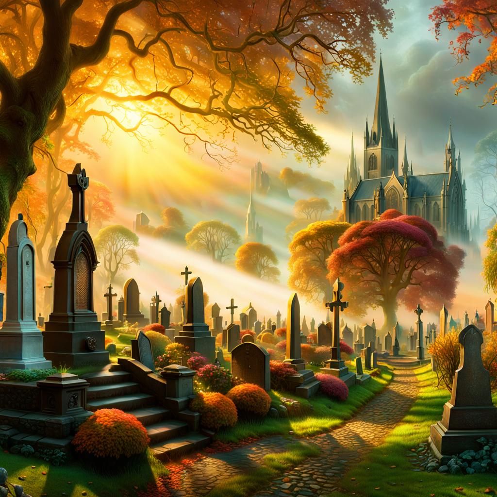 Ethereal Cemetery Panorama in Warm Colors