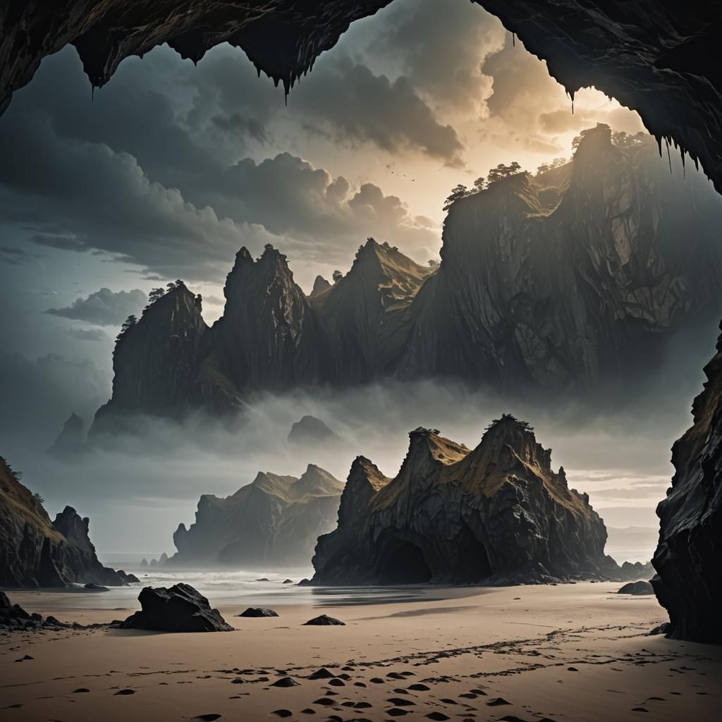 Ominous Caves on a Beach at Dusk