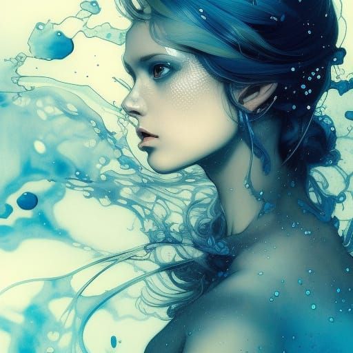 Underwater Blue Fairy Portrait in Splash Art Style