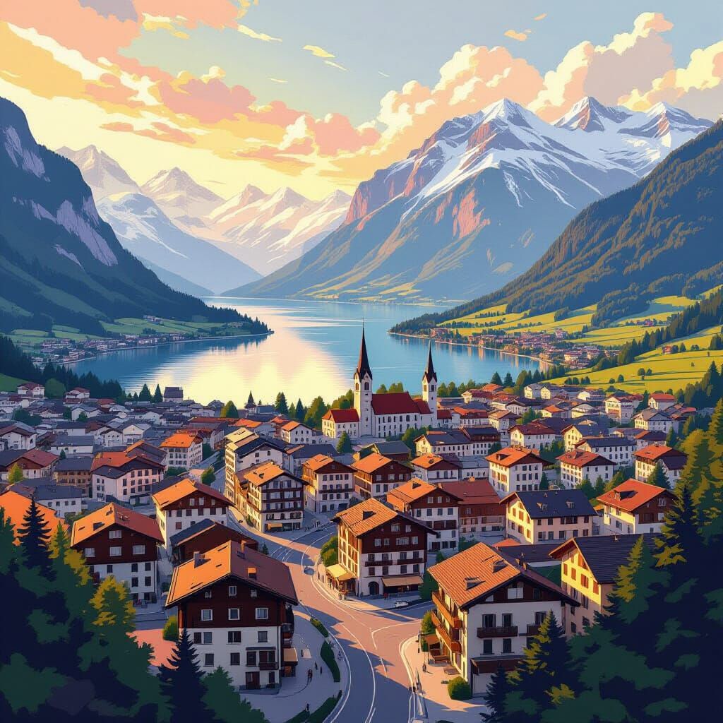Interlaken, Switzerland: Aerial View in Stylized Digital Art