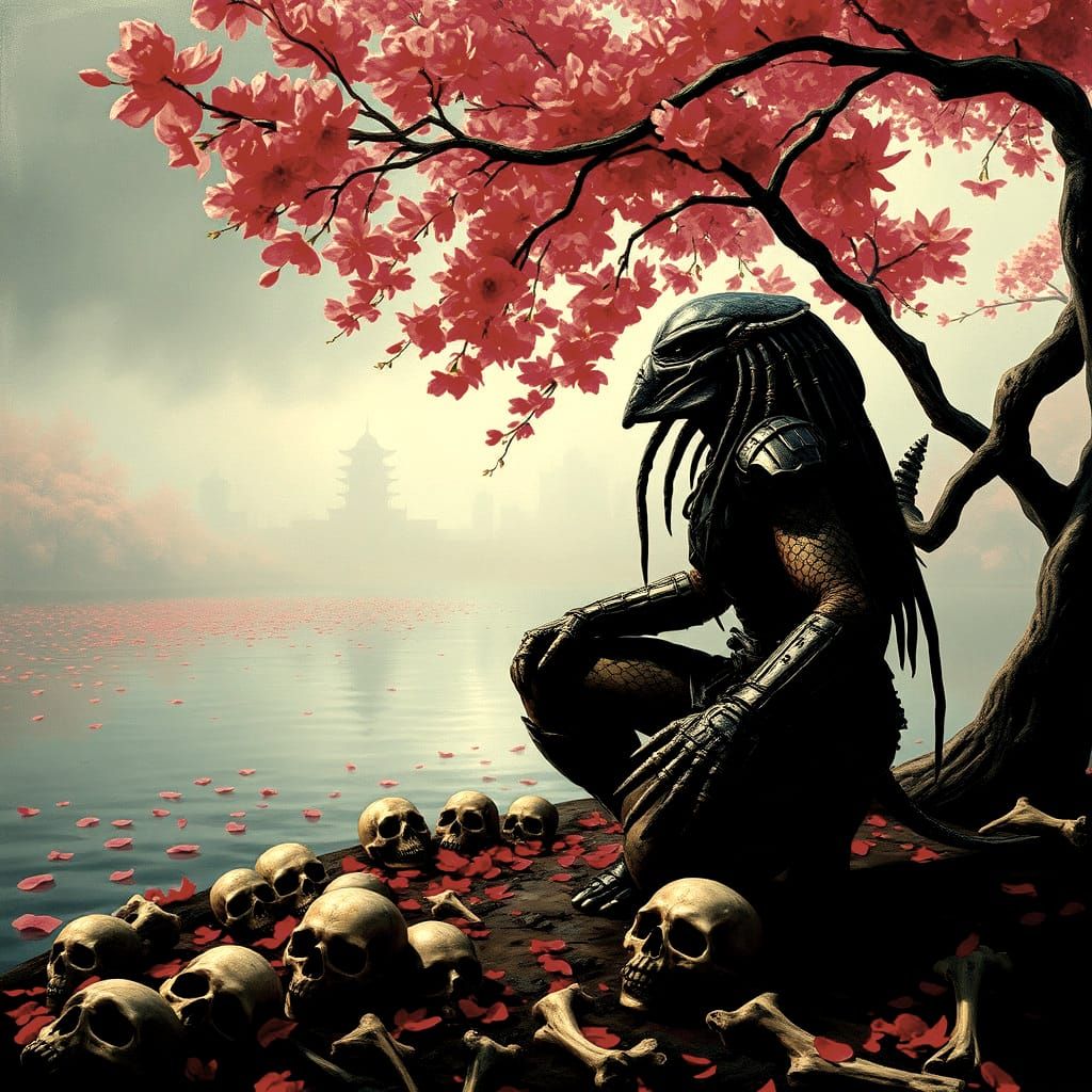 Yautja Predator Hunts Under Sakura Tree in Acrylic Art