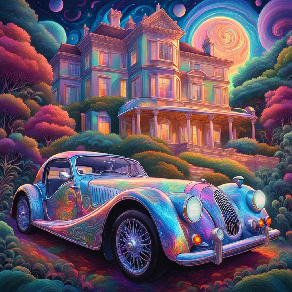 Morgan Car in Cosmic Psychedelic Landscape