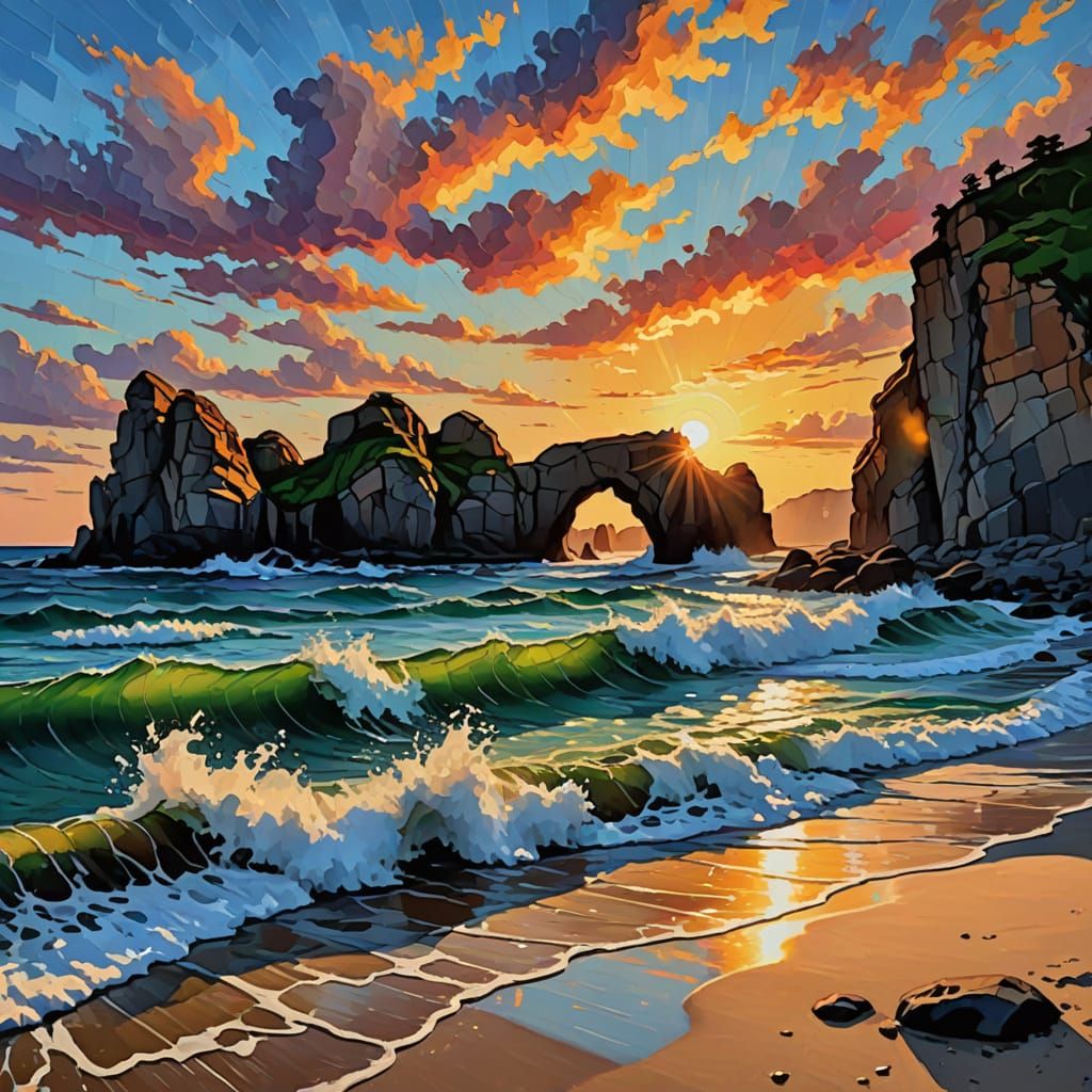 Vibrant Sunrise on Heavy Impasto Beach Cliffs