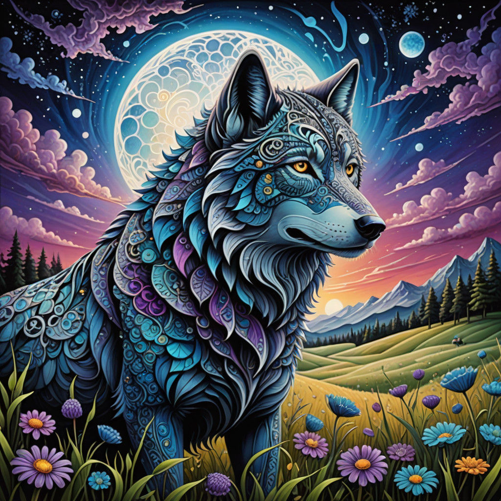 Surreal Fractal Wolf Serenade Under the Moonlit Sky