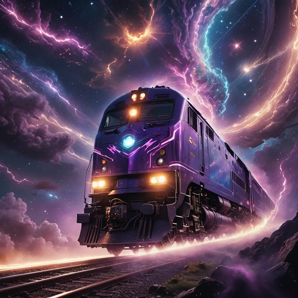 Train Hurtles Through Galaxy in Cosmic Concept Art