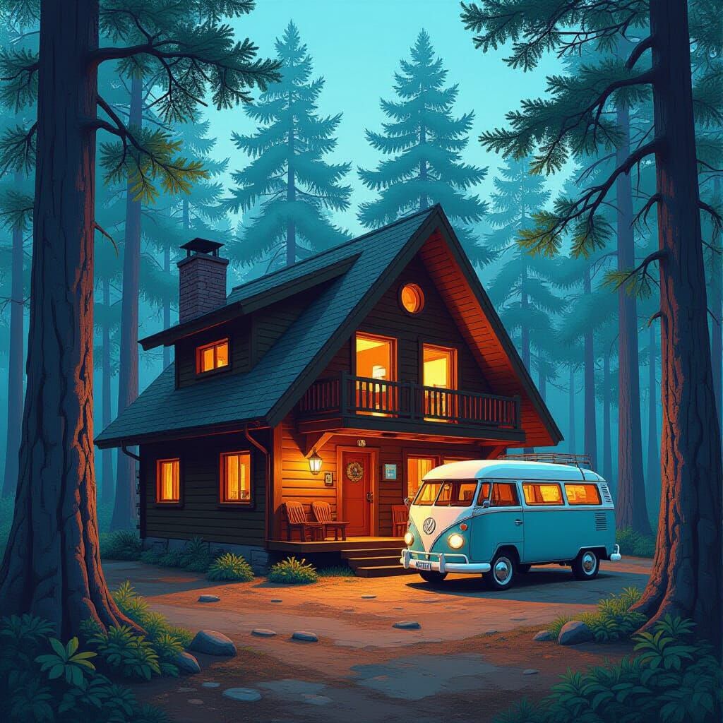 Cozy Cabin in Woods with Van, Vibrant Art Style