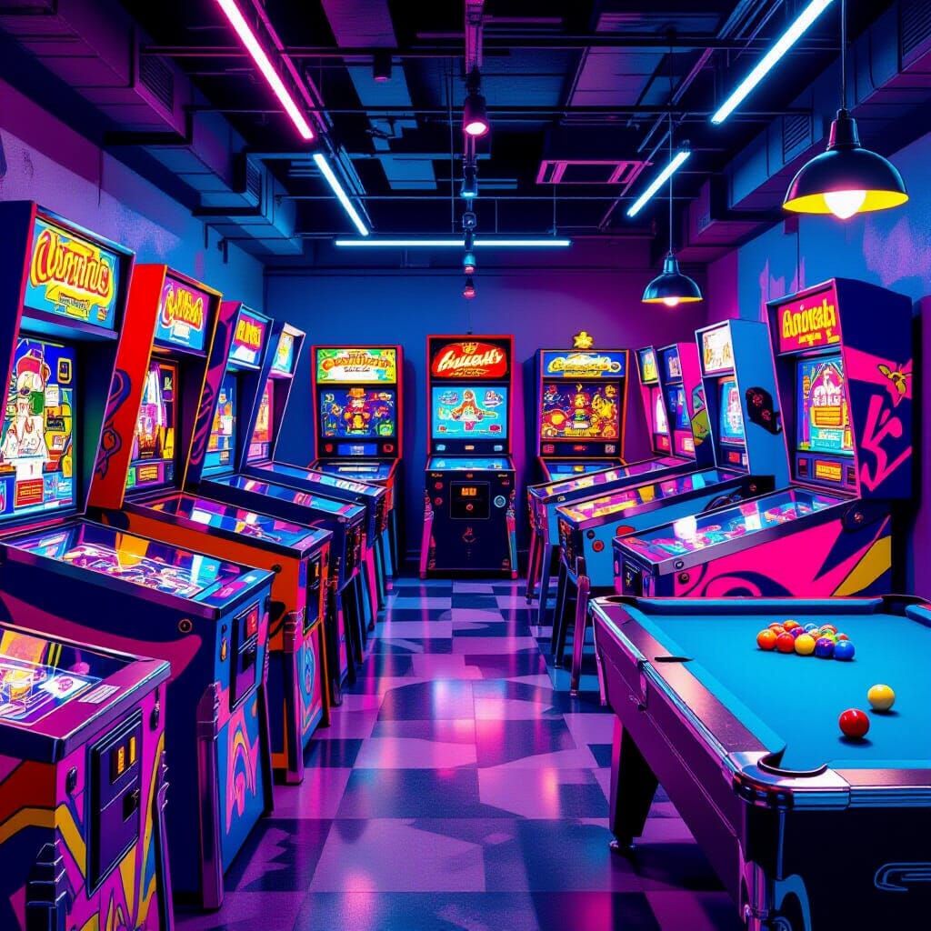 Retro 1960s Game Room in Vibrant Pop Art Style