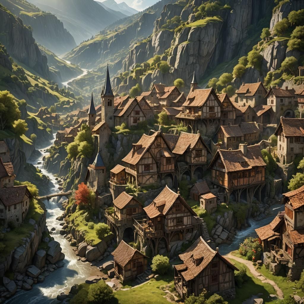 Peaceful Village in Valley with Volumetric Lighting