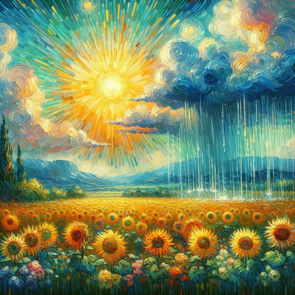 Sunflower Field in Rain, Post-Impressionistic Style