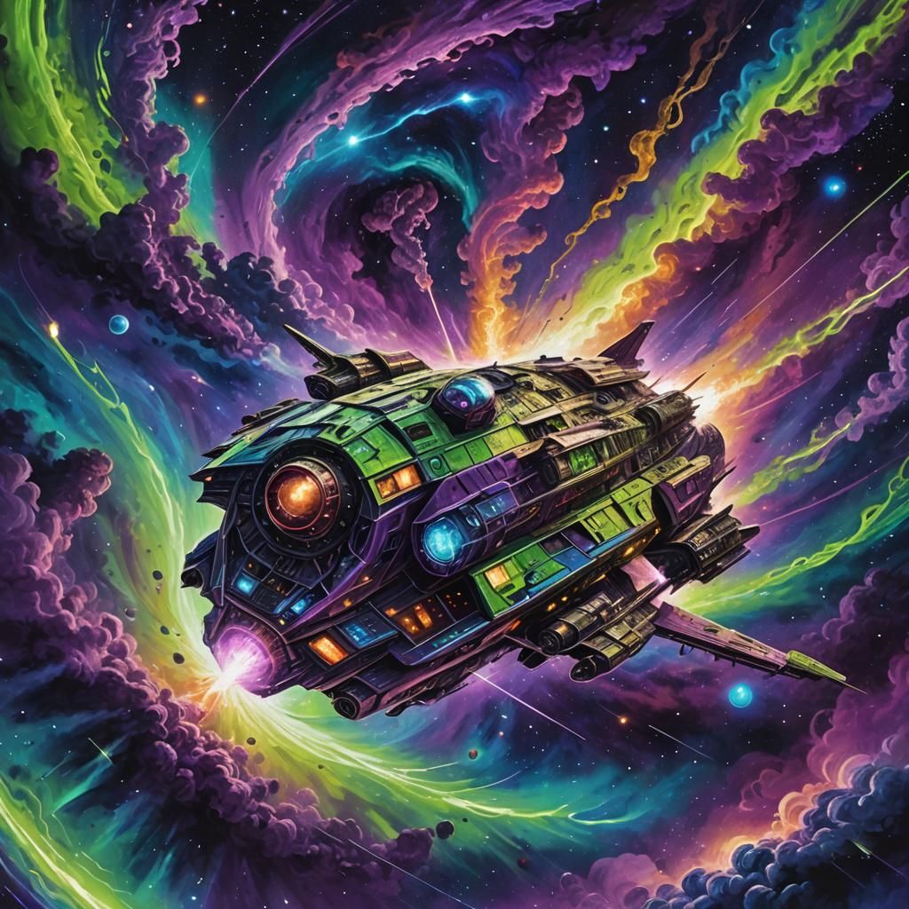 Cosmic Spaceship Descends into Nebula, Mixed Media Style