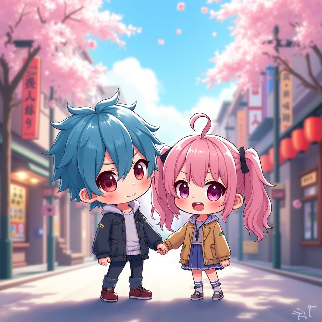 Charming Chibi Anime Couple in Vibrant Tokyo Street Scene