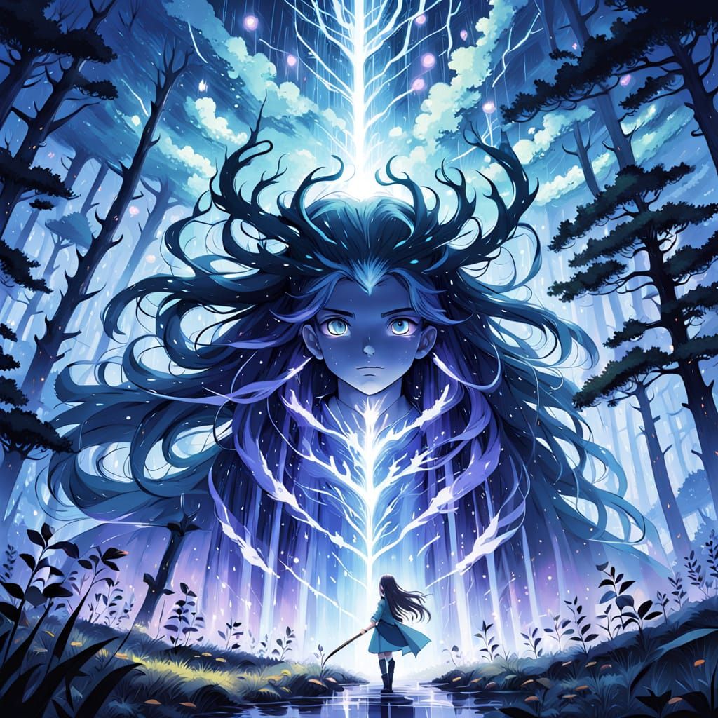 Anime Heroine Confronts Shadow in Mystical Forest