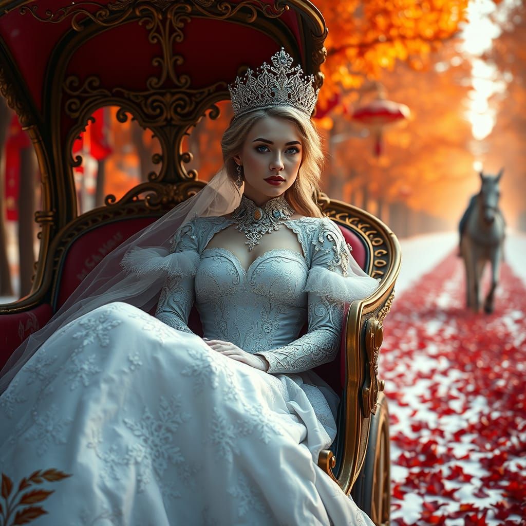 Snow Queen in Carriage on Autumn Path, Hyperrealistic