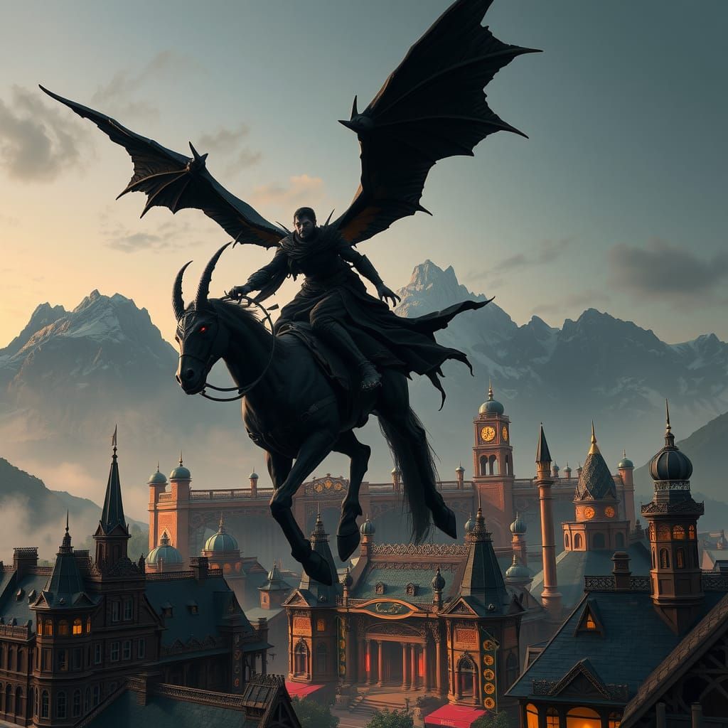 Nazgul Soaring Over Dreamlike Town in Realism Style