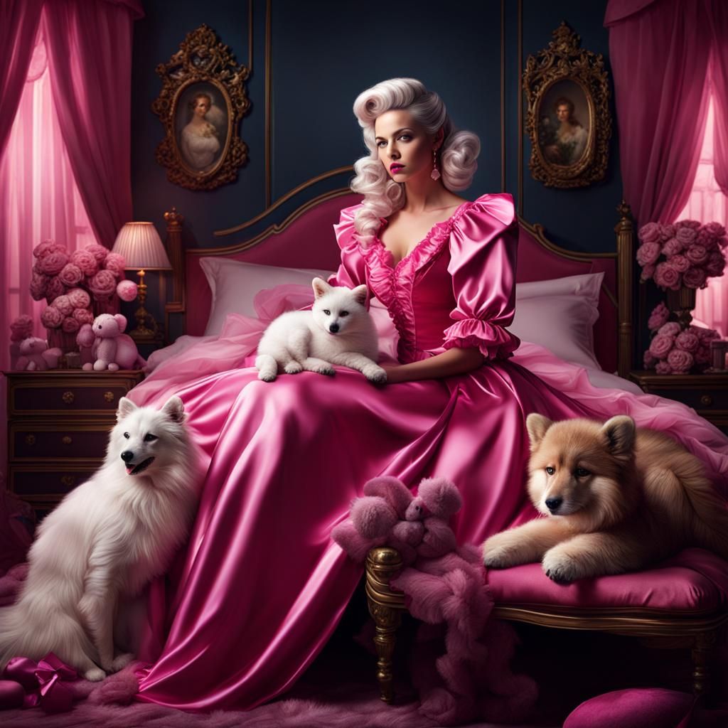 Mature Lady in Pink Satin Nightdress: Photorealistic Art