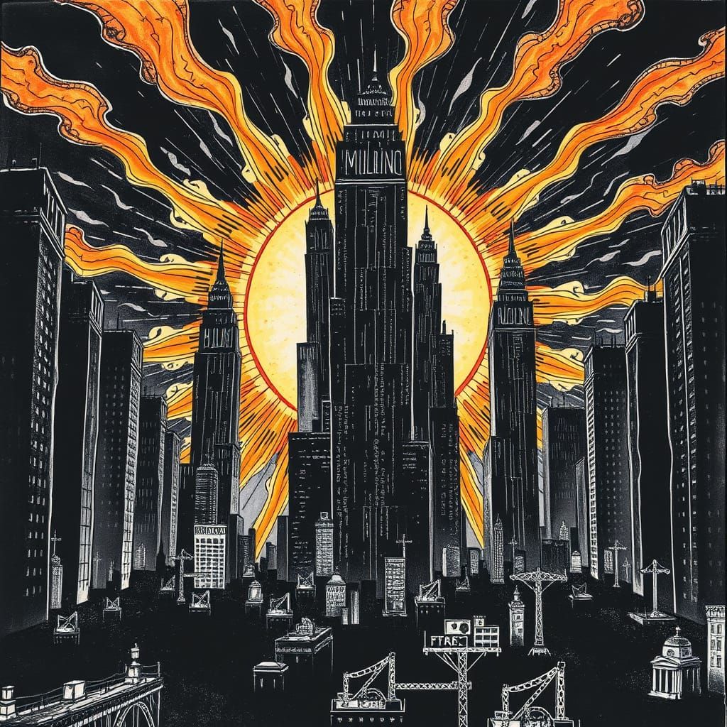 Surreal Skyscraper Sun Ink Painting