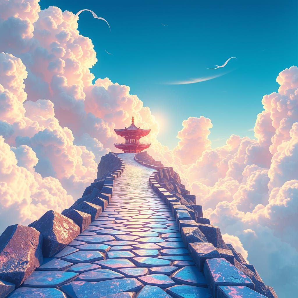 Surreal Anime Pagoda Ascends to Vibrant Ocean Horizon