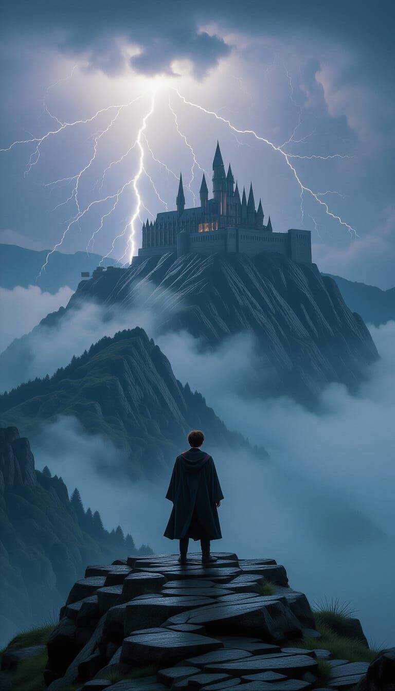 Harry Potter on Misty Mountain in Cinematic Style