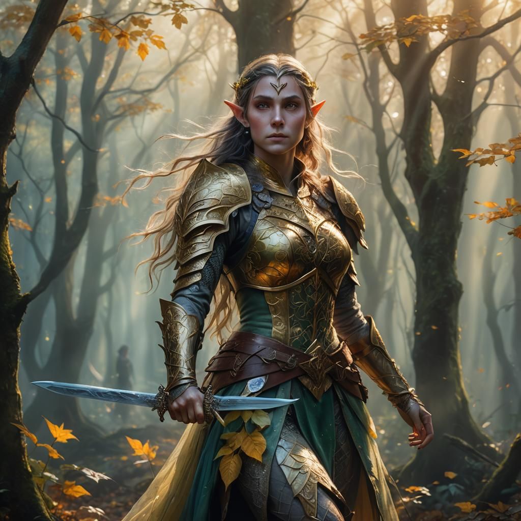 Elf Warrior in Misty Forest: Fantasy Oil Painting