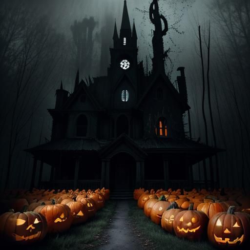 Eerie Jack-o'-Lantern Figure in Abandoned Forest