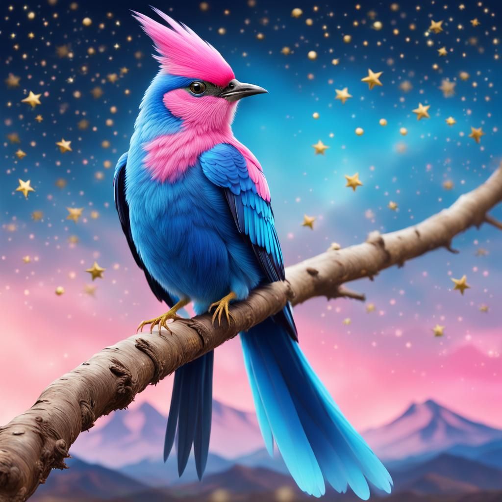 Gorgeous Bird with Long Tail and Gold Stars