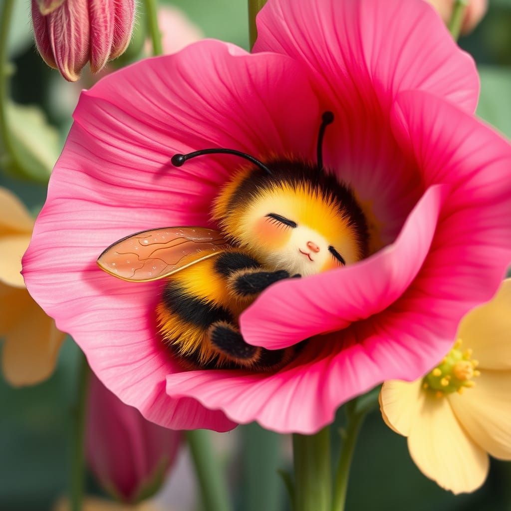 Happy Bumblebee Sleeps in Vibrant Hollihock Flower
