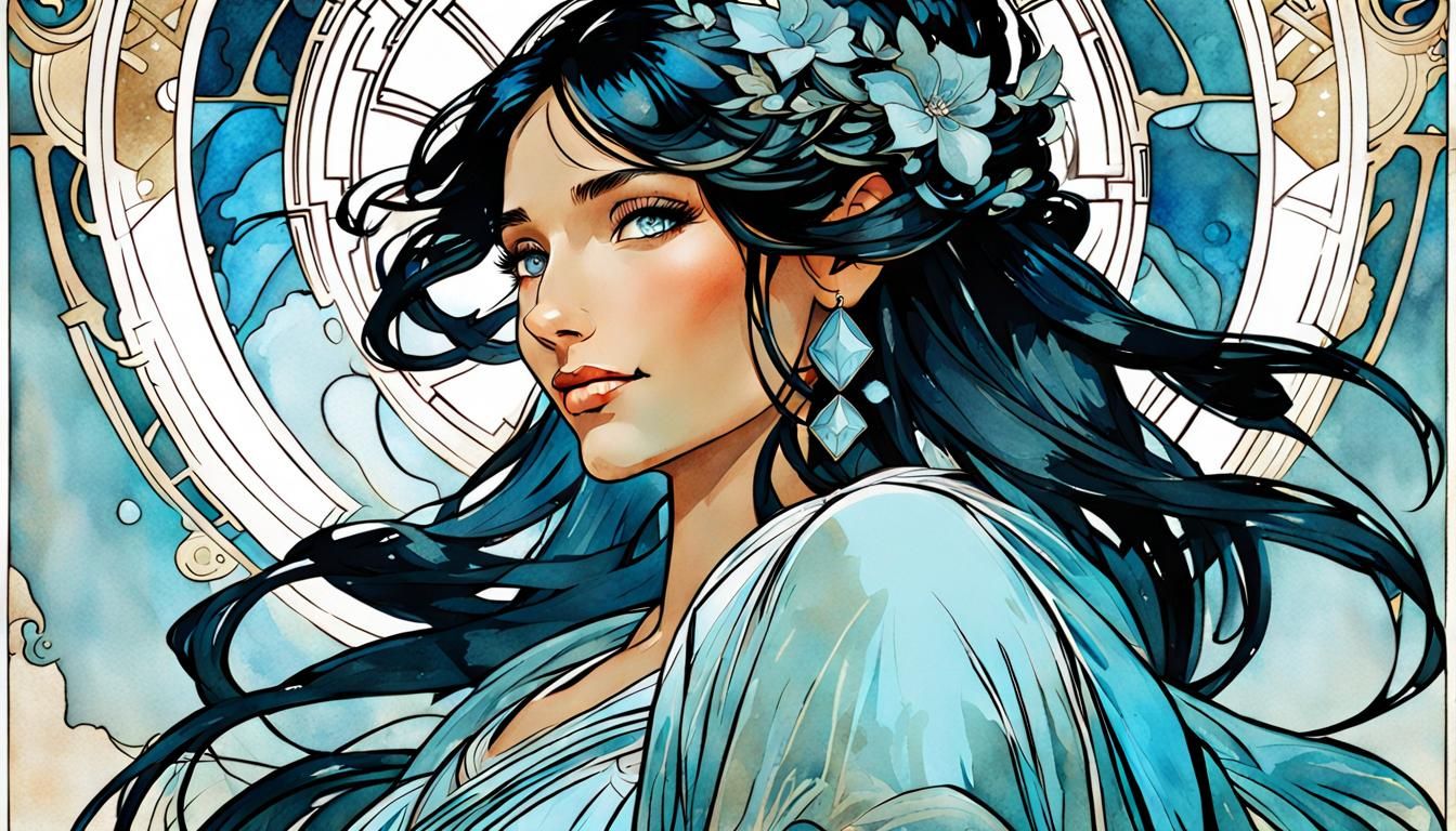 Laughing Woman Portrait in Art Nouveau Style