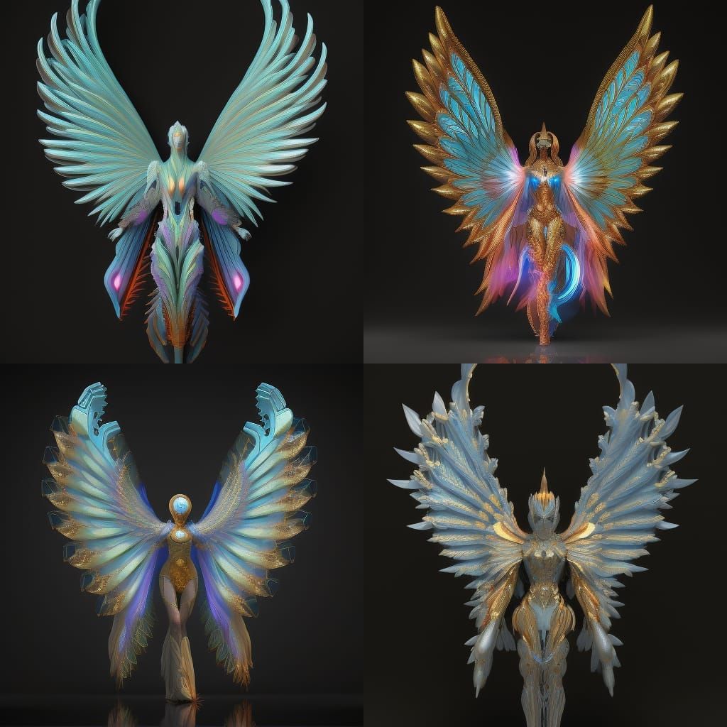 Robotic Angel with Symmetrical Wings in Hyperdetailed Digita...