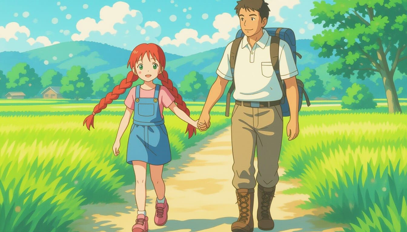 Father and Daughter Hike in Ghibli Watercolor Style