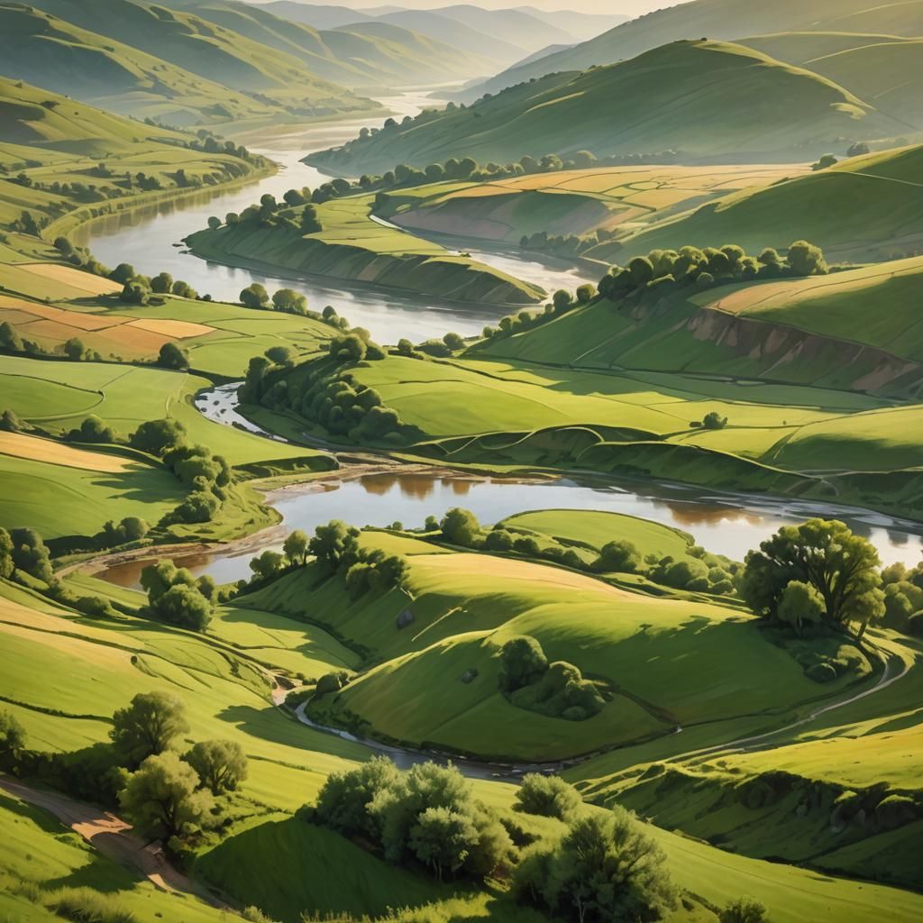 Idyllic Impressionistic Landscape with River and Hills