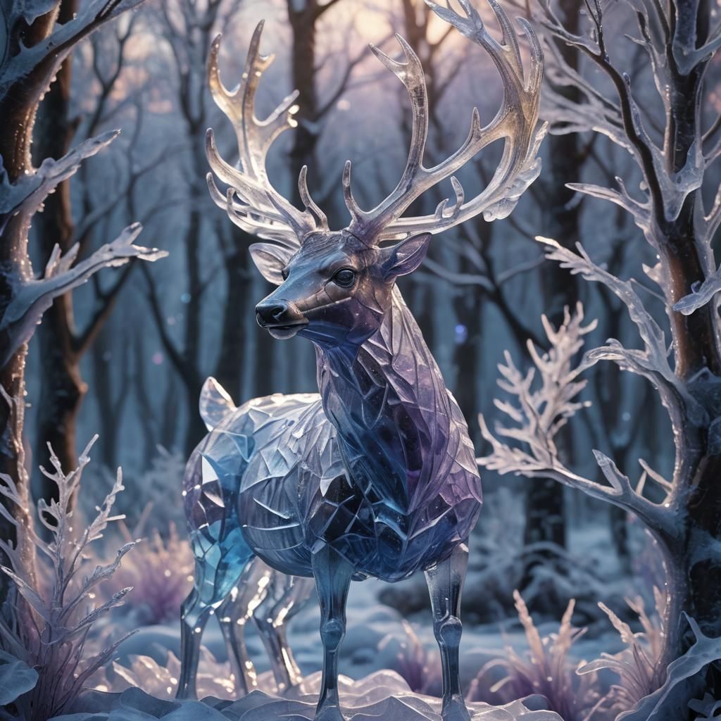 Icy Deer Sculpture in Frosty Forest