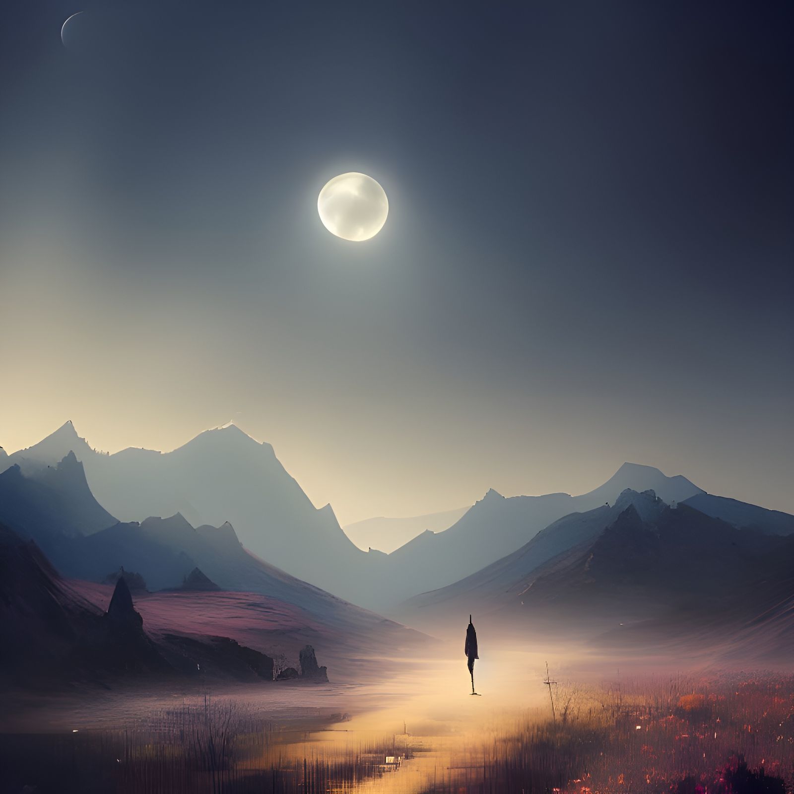 Moonlit Desolate Landscape with Floral Valley