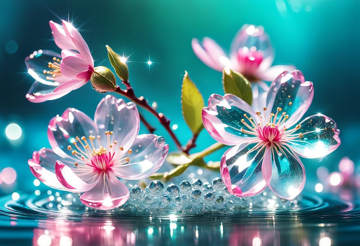 Crystal Cherry Blossom in Glistening Teal Water