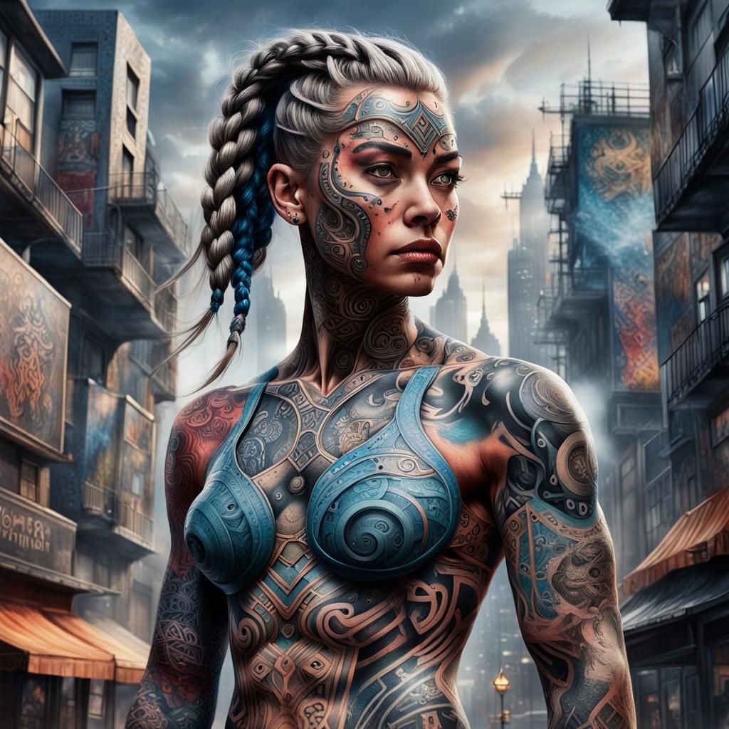 Viking Tattooed Woman in Ink Cityscape