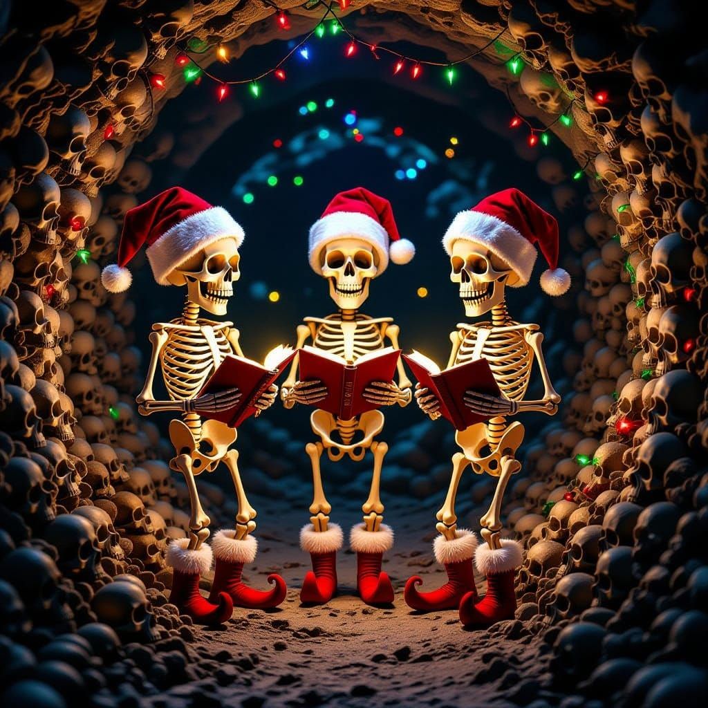 Whimsical Gothic Skeletons Sing Carols in Catacombs
