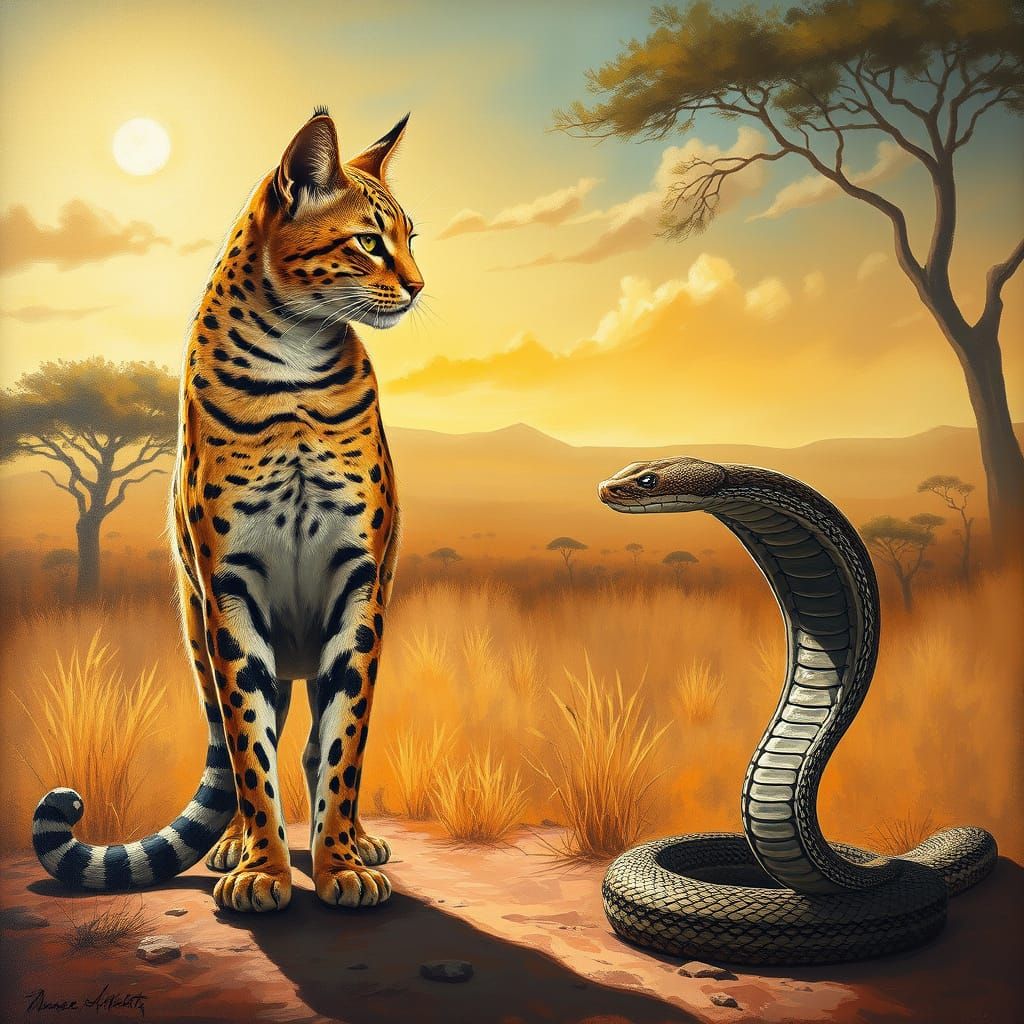 Savannah Cat Faces Cobra in Dramatic Oil Painting