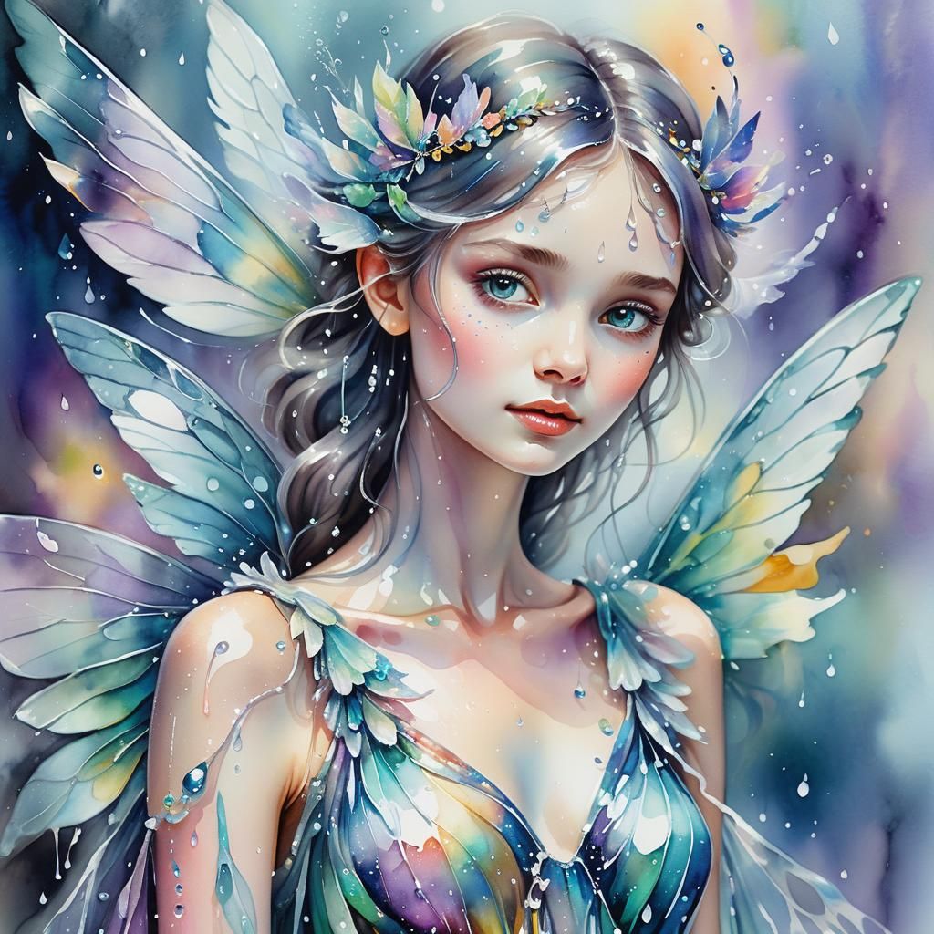 Ethereal Water Fairy Portrait in Aquarell Painting Style
