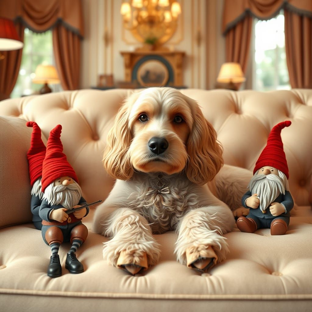 Cocker Spaniel and Garden Gnomes in Elegant Living Room