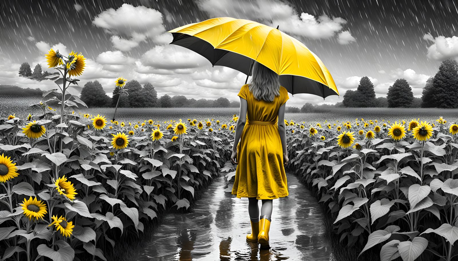 Woman in Yellow Dress Walks in Sunflower Field